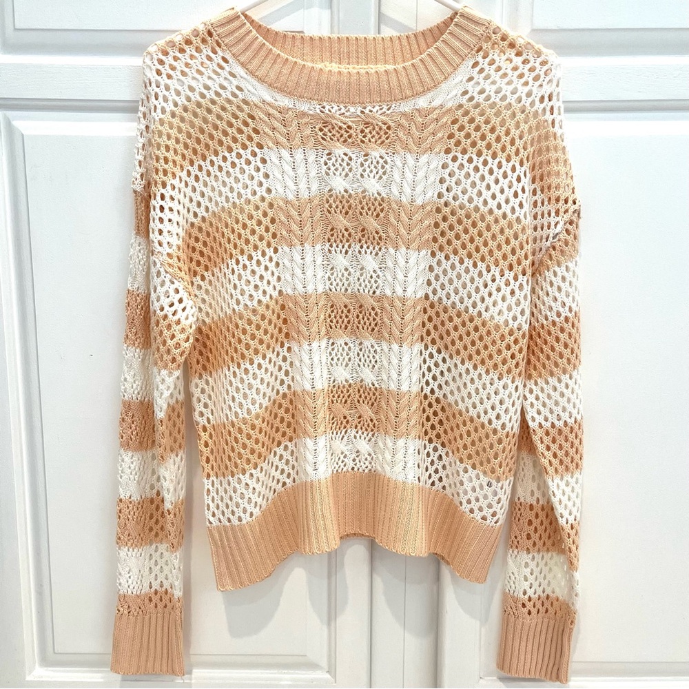 Mia & Tess Sweater Womens S Striped Cable Open Knit Peach White